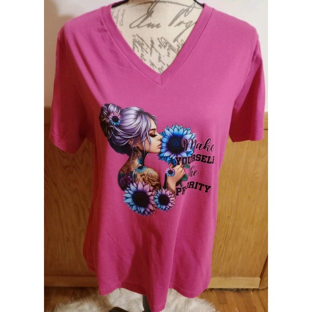 Handmade Women's V-Neck SS Pink T-Shirt Sz L "Make Yourself the Priority." New